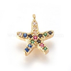 黄金のトーン真鍮マイクロパヴェキュービックジルコニアチャーム  ヒトデ/海星  カラフル  10x9x2mm  穴：0.8mm&nbsp;ZIRC-L075-10A-G