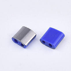 Fgb2穴ガラスシードビーズ  ハーフガンメタルメッキカラー  正方形  ブルー  5x4.5~5.5x2~2.5mm  穴：0.5~0.8mm  約118個/10g&nbsp;X-SEED-S031-L-048-H