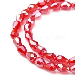 電気メッキガラスビーズセット  パール光沢メッキ  多面カット  ティアドロップ  レッド  6x4mm  穴：1mm  約72個/連  15インチ&nbsp;EGLA-R008-6x4mm-9
