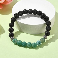 Natural Dyed Crackle Agate & Lava Rock Round Beaded Stretch Bracelet&nbsp;BJEW-TA00444-04