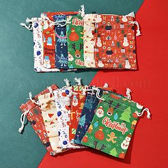 クリスマステーマの布プリント収納バッグ12個、6スタイル  巾着袋  長方形  ミックスカラー  14x10x0.4cm  2個/スタイル&nbsp;ABAG-FS0001-09