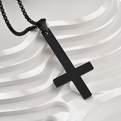 304 Stainless Steel Christian Upside Down Cross Pendant Box Chain Necklaces&nbsp;NJEW-NH0001-07EB