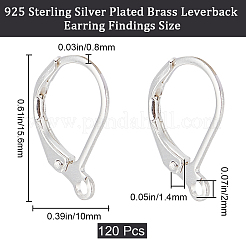 真鍮製フレンチフックピアスパーツ  水平ループ付き  925銀メッキ  15.6x10x2mm  穴：1.4mm  ピン：0.8mm  120個/箱&nbsp;KK-CN0003-07B-S