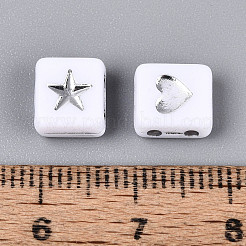 オペークアクリル連バー  星とハートの長方形  シルバーライン入り  ホワイト  7.5x8.5x4mm  穴：1.5mm  約2173個/500g&nbsp;SACR-T018-34A