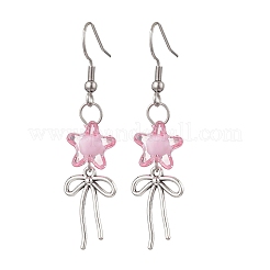 蝶結びの花のアクリルガラスのダングルイヤリング  304ステンレススチールピアスフック付き  プラチナ  ミックスカラー  53x13mm&nbsp;EJEW-JE06794