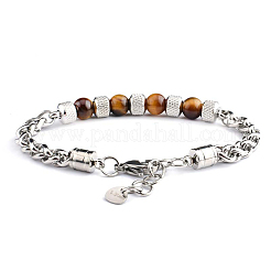 Natural Tiger Eye Beaded Bracelets with Stainless Steel Wheat Chains&nbsp;WG95907-01