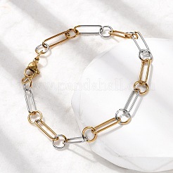 女性用304ステンレススチールオーバルリンクチェーンブレスレット  ゴールデン·ステンレス鋼色  7-1/4インチ（18.5cm）  リンク：6.7x1mm / 14x4.5x1mm&nbsp;BJEW-D377-01B