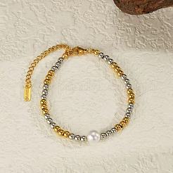 女性用304ステンレススチールビーズブレスレット  ラウンド  模造パールと  本物の金メッキと本物のプラチナメッキ  内径：6-1/4インチ（16cm）&nbsp;ED3331