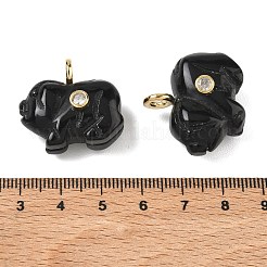 天然黒曜石の彫刻ペンダント  真鍮にパヴェセッティングを施したキュービックジルコニアの縁取りが美しい、幸運の豚のチャーム  ゴールドカラー  23.5~25x25~26x14mm  穴：4mm&nbsp;GG-CBA105B-03H-G