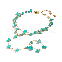 Synthetic Turquoise Chip 304 Stainless Steel Double Layer Hand Chain Ring Bracelets for Women&nbsp;HN5192