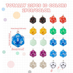 20色の樹脂製多面体ダイスペンダント10個。  片面サイコロチャーム  プラチナトーンの鉄ループ付き  ミックスカラー  20mm  穴：27x20x20mm  2個/カラー&nbsp;FIND-TA0001-93