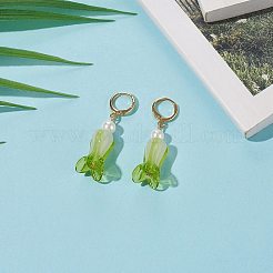 手作りのランプワーク白菜ダングルフレンチフックピアス  ラウンドシェルパールビーズ付き  女性用304ステンレスジュエリー  24KGP本金メッキ  ミディアムシーグリーン  45mm&nbsp;EJEW-TA00194