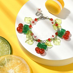 ガラス＆レジン＆アクリルフラワーチャームブレスレット  304ステンレススチールジュエリー  チェリー  7-1/4インチ（18.5cm）&nbsp;BJEW-JB09435-04