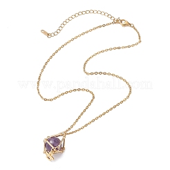 Brass Macrame Pouch Natural Amethyst Inside & 304 Stainless Steel Pendant Necklaces for Women&nbsp;NJEW-JN05607-03
