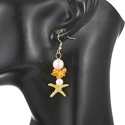 Ocean Alloy & Natural Amber & Shell Pearl Dangle & Drop Earrings&nbsp;EJEW-JE07427