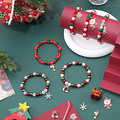 Diyのクリスマスブレスレット作りキット  イミテーションパール＆キューブグラス＆ポリマークレイラインストーンラウンドビーズを含む  スノーフレーク & ツリー & サンタクロース 合金エナメル ペンダント  ミックスカラー  218個/箱&nbsp;DIY-SC0021-67