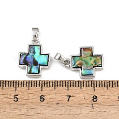 ラックメッキ真鍮天然パウア貝ペンダント  クロス  プラチナ  15.5x12.5x3mm  穴：5mm&nbsp;X-KK-U025-03P-02-1