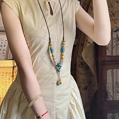 Alloy & Porcelain Beaded Barrel Tassel Pendant Long Bib Necklaces for Women&nbsp;WG23FEE-03