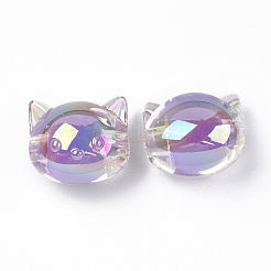 UVメッキレインボー虹色アクリルビーズ  ツートンカラーの二層ビーズ  猫  紫色のメディア  16x18.5x14.5mm  穴：3.5mm&nbsp;OACR-H015-05A
