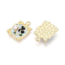 メッキ合金エナメルチャームラック  長方形と花  アブソリュートプラスチック模造パール  カドミウムフリー＆鉛フリー  ライトゴールド  ライトシアン  23x17x5mm  穴：2mm&nbsp;ENAM-N066-07KCG