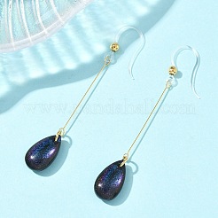 電気メッキ304ステンレス鋼樹脂ダングルイヤリング  ティアドロップ  ゴールドカラー  ブラック  58.5x8mm&nbsp;EJEW-Z129-06G-02
