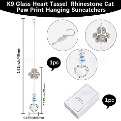 ペット記念合金ラインストーン猫の足跡吊り下げサンキャッチャー  家の窓や屋外の装飾用のK9ガラスハートタッセル  銀  46mm&nbsp;HJEW-WH20022-03S
