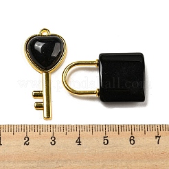 天然石オブシディアンペンダント  金メッキ合金の金具が付いたハートのキーとロックのチャーム  32.5~38x20~17x6~7mm  穴：1.8~2mm  2個/セット&nbsp;G-H308-07G-03
