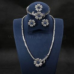 フラワー真鍮マイクロパヴェキュービックジルコニアペンダントネックレス＆スタッドピアス＆リング＆ブレスレットセット  プラチナ  マリンブルー  400mm&nbsp;WG9A1B1-05