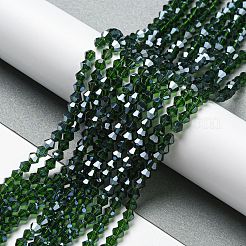 透明電気メッキガラスビーズ連売り  パール光沢メッキ  多面カット  双円錐形  濃い緑  2.9~3.3x2.5mm  穴：0.7mm  約135~140個/連  38~40cm&nbsp;EGLA-A039-T2mm-A25