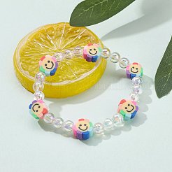 子供のための手作りのポリマー粘土ビーズストレッチブレスレット  透明なアクリルビーズと  花  カラフル  内径：1-7/8インチ（4.8cm）&nbsp;BJEW-JB06325-04