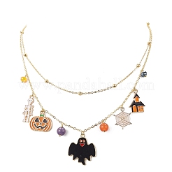 真鍮サテライトチェーン二層ネックレス  スケルトン & パンプキン & コウモリ合金エナメルチャームハロウィンネックレス女性用  カラフル  15.75インチ（40cm）&nbsp;NJEW-TA00073