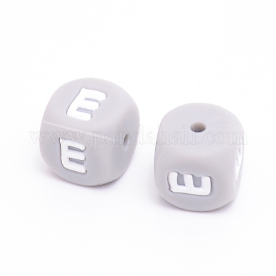 シリコンビーズ  文字.e付きのキューブ  グレー  12x12x12mm  穴：2mm&nbsp;SIL-WH0002-25C-E-1