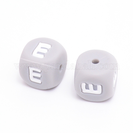 シリコンビーズ  文字.e付きのキューブ  グレー  12x12x12mm  穴：2mm&nbsp;SIL-WH0002-25C-E-1