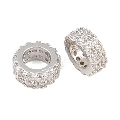 Brass Micro Pave Cubic Zirconia European Beads, Rondelle Wheel Spacer, Platinum, 7.5x3mm, Hole: 4mm