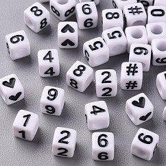 Opaque White Acrylic Beads, Cube with Black Number & Heart, White, 6x6x6mm, Hole: 3.5mm, about 3000pcs/500g