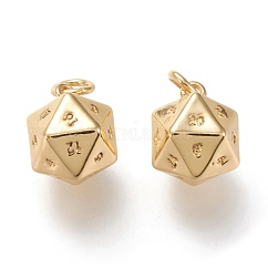 Brass Charms, Cadmium Free & Lead Free, with Jump Rings, Long-Lasting Plated, 20 Sided Dice Charm, Real 18K Gold Plated, 13.5x9.5x9.5mm, Hole: 3.2mm