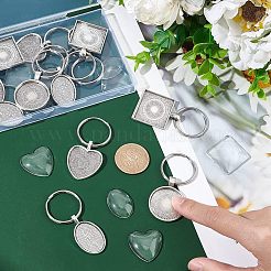 ハート、フラットラウンド、オーバル、スクエアの合金キーホルダー1セット。  304ステンレススチールのスプリットキーリングと透明ガラスカボション付き  アンティークシルバー  5.5~6cm  12個/セット&nbsp;KEYC-UN0001-11