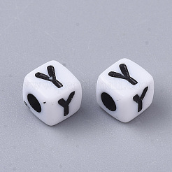 白い不透明なアクリルビーズ  水平穴  黒いアルファベットのキューブ  文字y  4~5x4~5x4~5mm  穴：1.8mm  約6000~6500個/500g&nbsp;MACR-R869-02Y