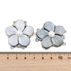 真鍮製ボックスクラスプ  ブラックシェルと天然真珠  花  1連  2穴  プラチナ  4mm  穴：34.5x33.5x11.5mm&nbsp;KK-M299-02