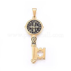 304ステンレススチール製ビッグペンダント  聖ベネディクトメダルの鍵  アンティーク黄金  52x21x3mm  穴：9x5mm&nbsp;STAS-O108-60AG