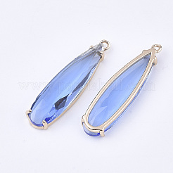 クリアガラスペンダント  真鍮パーツ  多面カット  ティアドロップ  ライトゴールド  藤紫色  32x8x4mm  穴：1.2mm&nbsp;GLAA-T007-15B