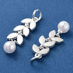 プラスチック模造パールのペンダント  合金の金具と丸カン付き  葉  銀  28x8x6mm  穴：4mm&nbsp;ENAM-M008-18S