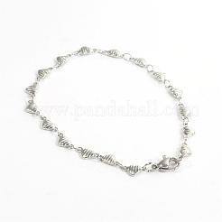 変色しにくい304ステンレススチールブレスレット  ハートリンクブレスレット  カニカン付き  ステンレス鋼色  190x4mm（7.48インチ）&nbsp;BJEW-D418-04