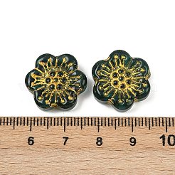 焼き付け塗料と金色の金属で覆われたガラスビーズ  花  濃い緑  17x18.5x5.5mm  穴：1.2mm&nbsp;DGLA-T004-09E