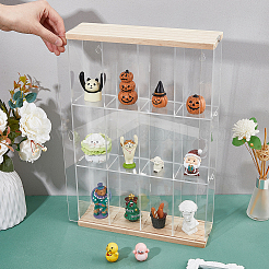 3段4グリッド透明アクリルミニフィギュアオーガナイザー表示ケース、木製  アクションフィギュアを12個まで収納可能  人形用  ビルディングブロックストレージ  透明  38x7x38cm&nbsp;ODIS-WH0004-03B