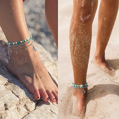 Synthetic Turquoise Beads Multi-strand Anklet&nbsp;AJEW-SW00008