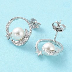 シェルパールダングルスタッドピアス  ムーン&スター リアルプラチナメッキ ロジウムメッキ 925スターリングシルバー イヤリング  スタンプ925個付き  貝殻色  13x13mm&nbsp;EJEW-Z024-09A-P