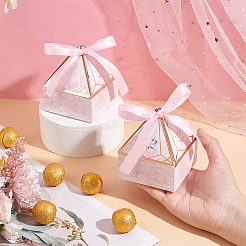 ダイヤモンド型紙キャンディ包装箱  リボン付き  幸せな日の結婚披露宴のギフトボックス  ピンク  7x7x8.5cm&nbsp;CON-WH0089-58