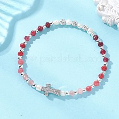 Dyed Natural Malaysia Jade Rondelle & Cultured Freshwater Pearl Beaded Stretch Bracelets&nbsp;BJEW-JB13380