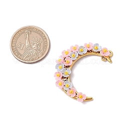 ガラスシードビーズ、樹脂、合金の花三日月コネクタチャーム  アンティーク黄金  ピンク  41x35x5mm  穴：1.4mmと2.5mm&nbsp;PALLOY-MZ00603-01